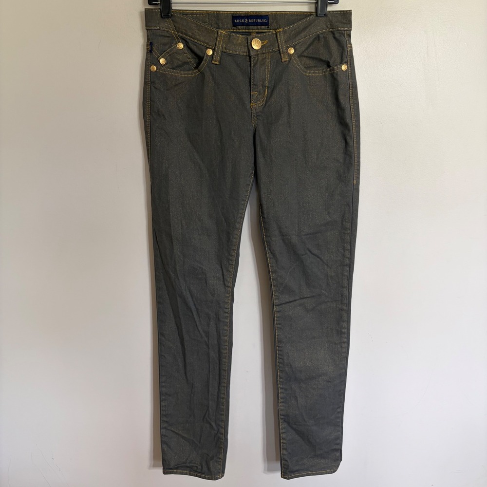 Rock & Republic Grey Gold Metallic Shimmer Skinny Jeans Womens Size 8